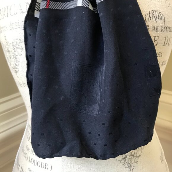Burberry Silk Rectangle Scarf Navy Blue Red White Plaid Wrap Neck Kerchief - Picture 8 of 11